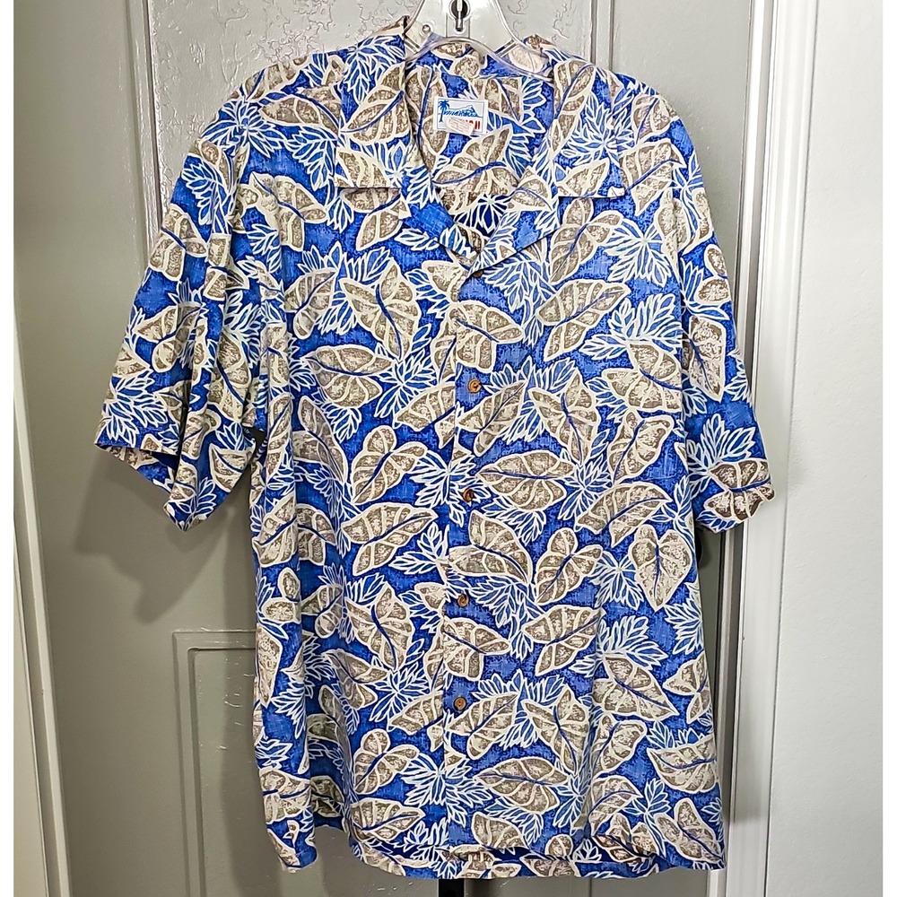 Hawaii Mens XL Hawaiian Aloha Shirt Blue Tan Floral Leaf Made USA 100% Cotton